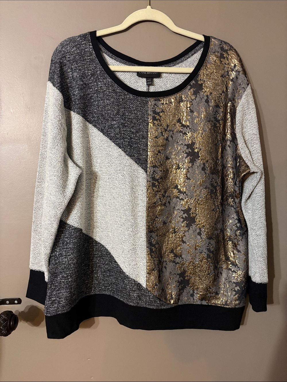 Lane Bryant Gold & Gray Metallic Floral Patchwork Sweater
